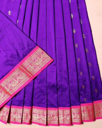 Traditional Kids Pattu Pavadai Material with Elegant Zari Buttas Contrast Temple Border - Violet