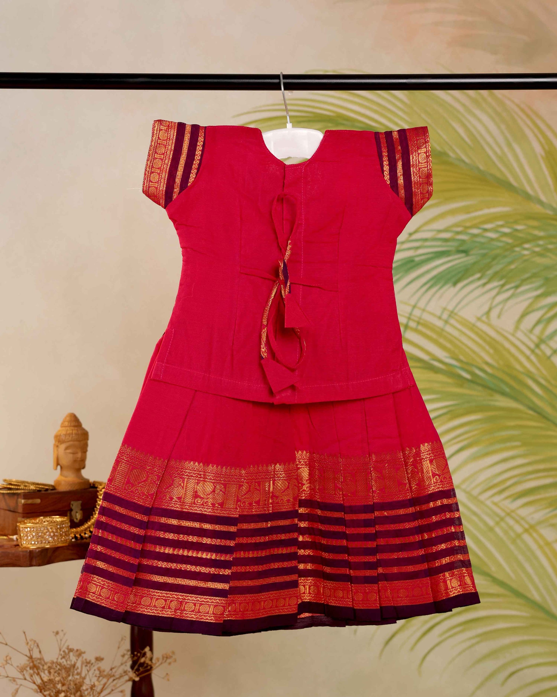Classic Kids Pattu Pavadai Readymade a Traditional Ethnic Gown with Zari Border and Puff Sleeves, Pink