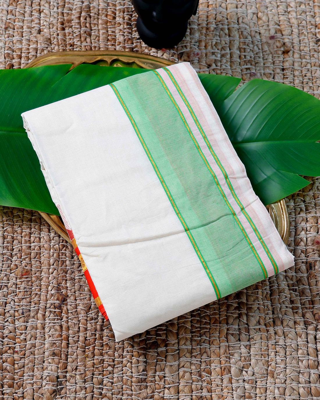 Men’s Cotton Dhoti with Green Colour Border - White
