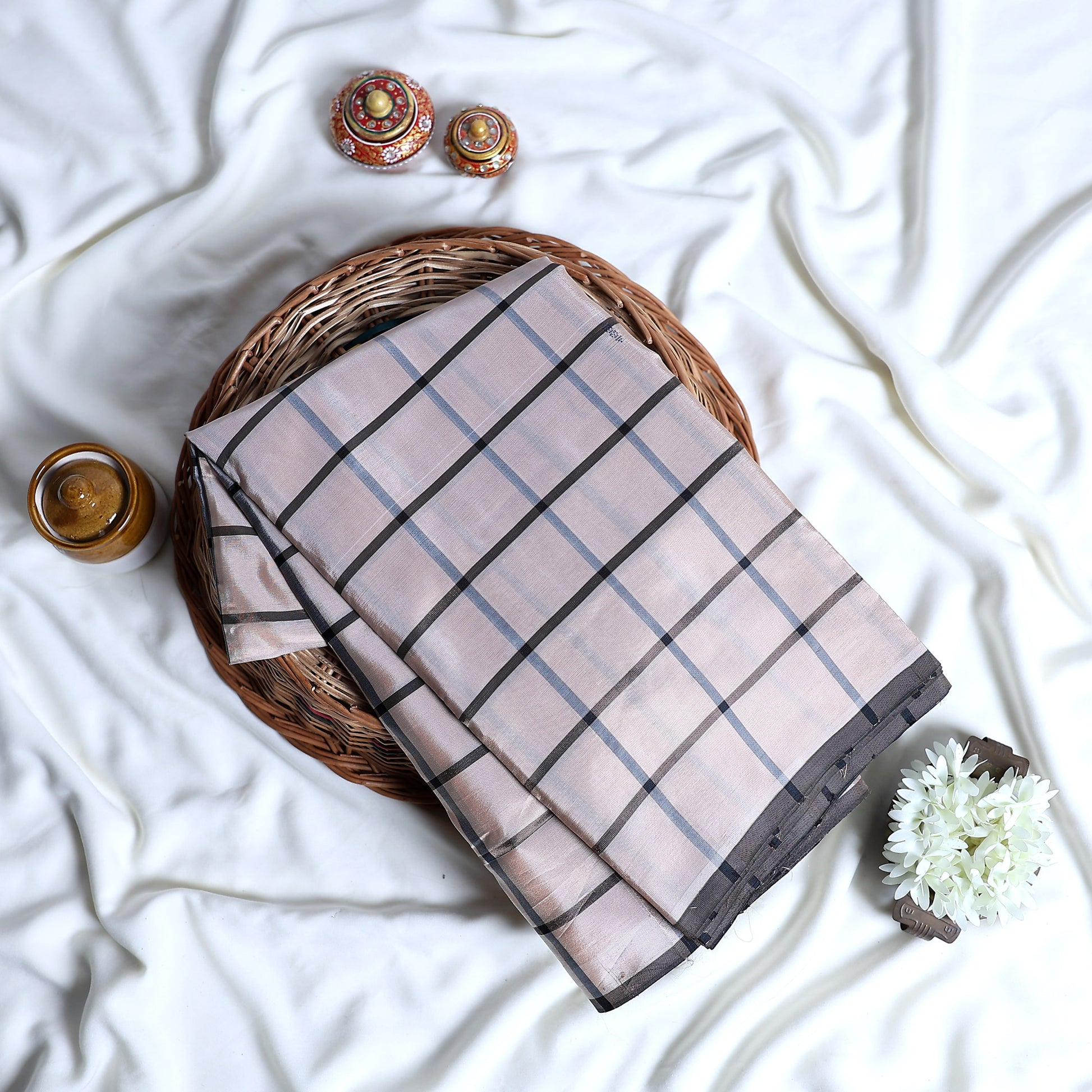 Banana Pith Saree with Black Checks and Border