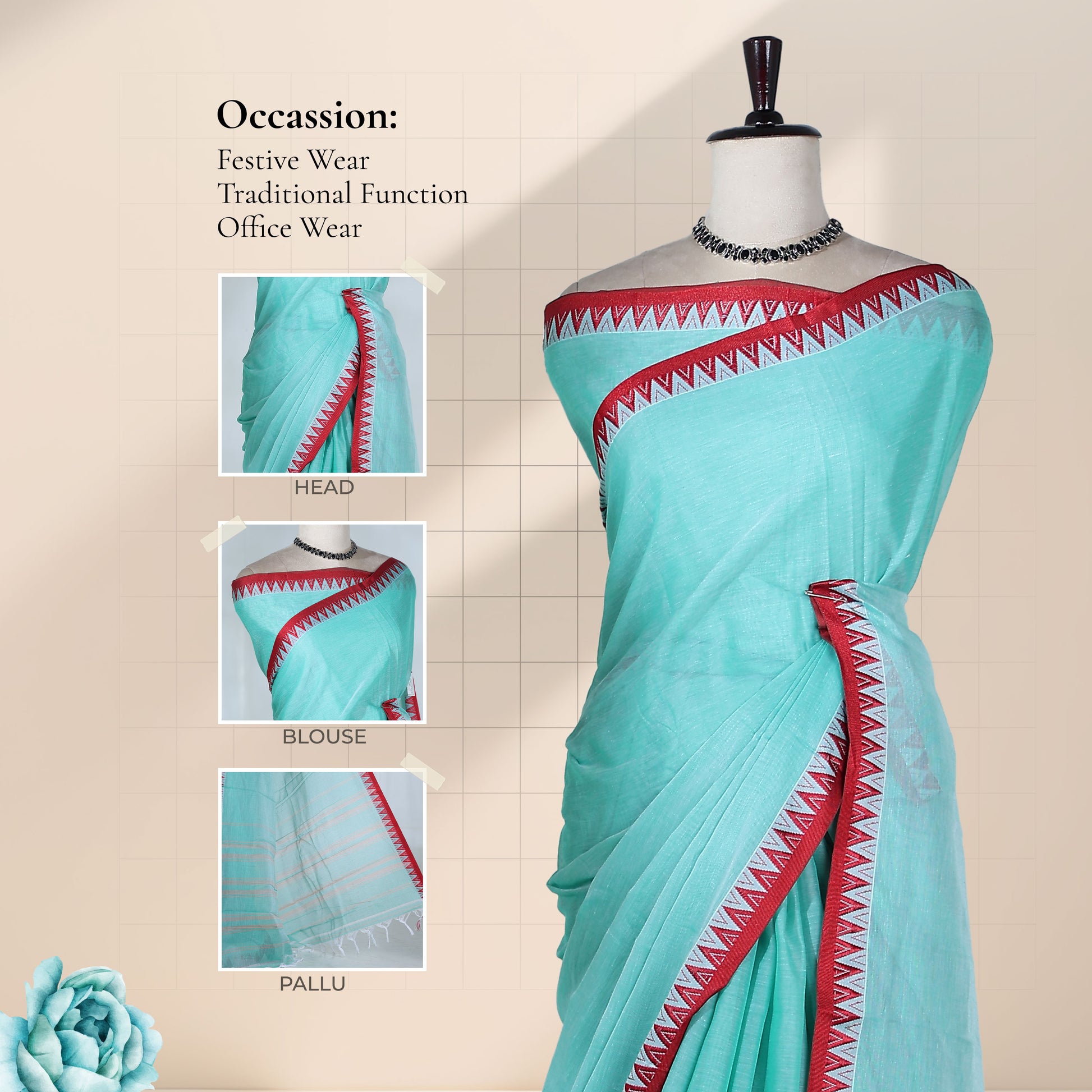 Aqua Green Mangalagiri Cotton Saree With Red Temple Border And Striped Pallu Detail Design