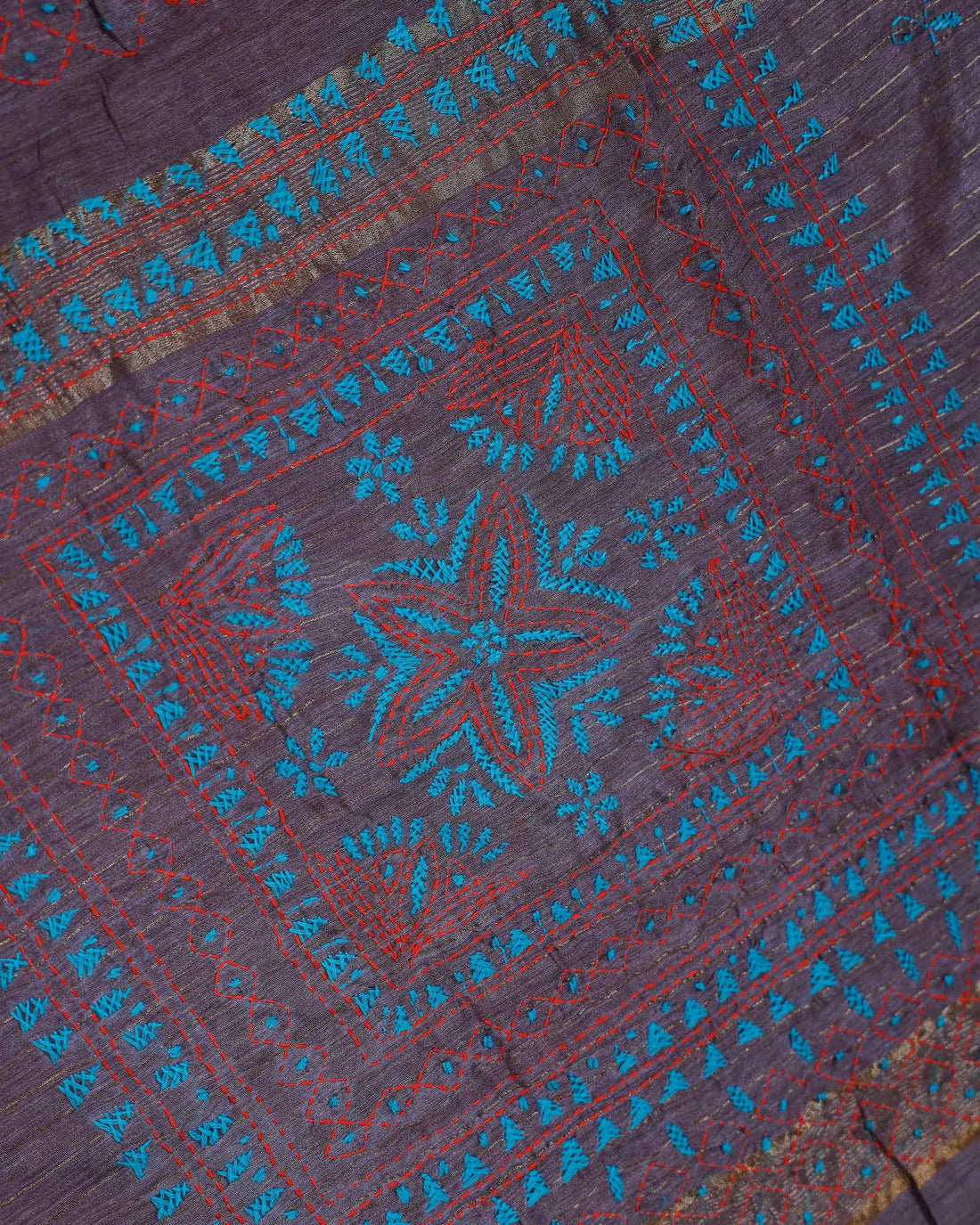 Elegant Kantha Hand Embroidered Saree with Intricate Floral Motif and Contrast Border - Brownish Purple