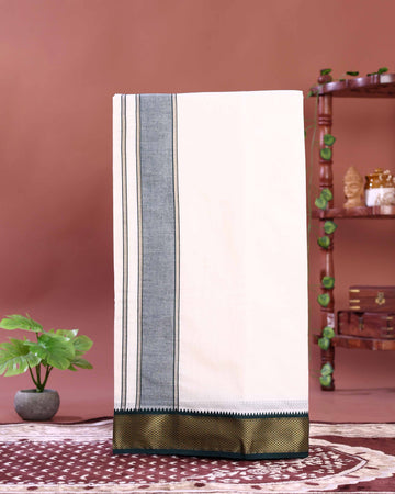 Traditional Men’s Handloom Cotton Dhoti 9*5 Meter with Elegant Multi Border – Off White