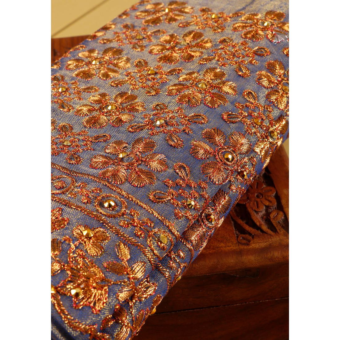 Embroidered Unstitched Blouse Material with Intricate Floral and Geometric Patterns  - Blue