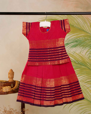 Classic Kids Pattu Pavadai Readymade a Traditional Ethnic Gown with Zari Border and Puff Sleeves, Pink