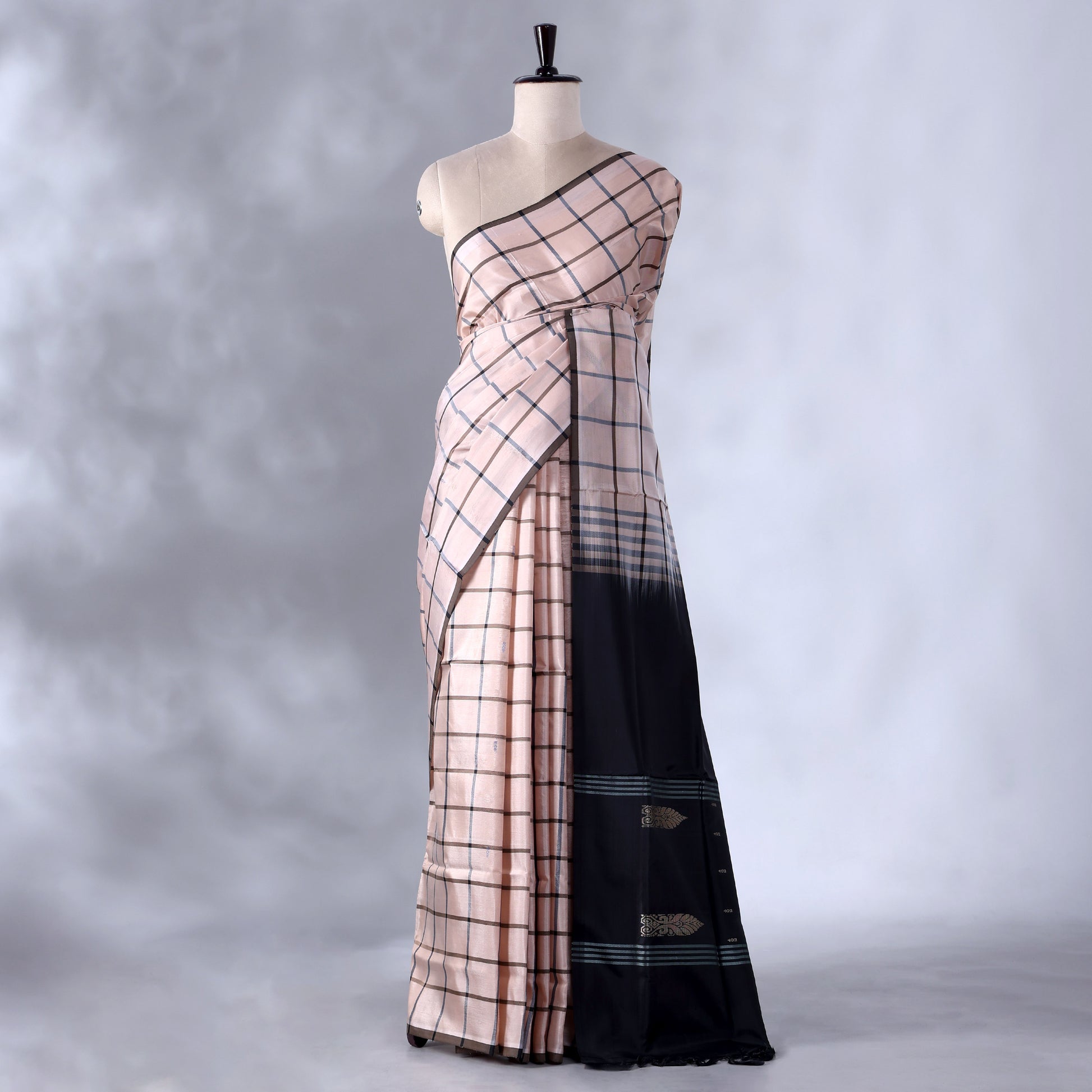 Beige Banana Pith Saree with Checkered Weave and Contrast Border- Full View
