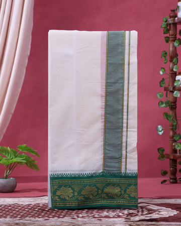Traditional Men’s Handloom Cotton Dhoti  9*5 Meter with Elegant Multi Border - Off White