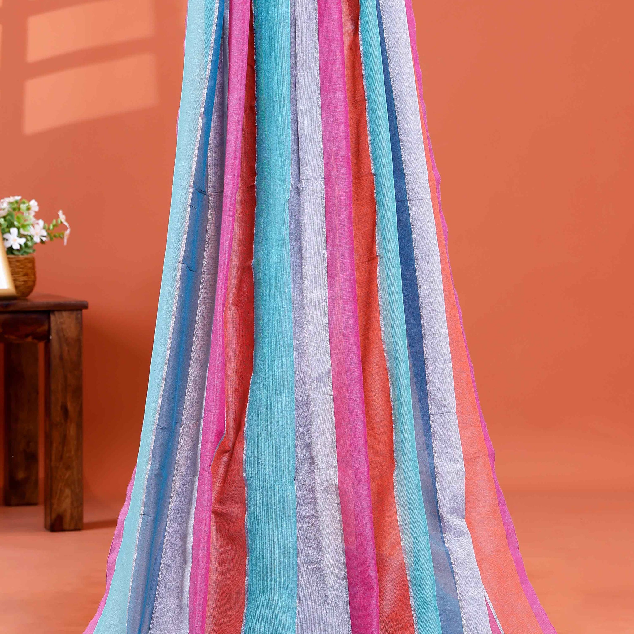 Handwoven Mul Mul Cotton Saree with Bold Striped Pattern and Tassel Detailing - Multi