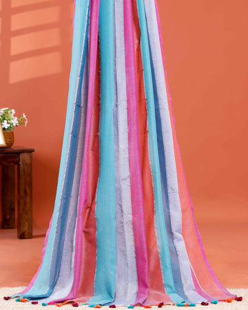 Handwoven Mul Mul Cotton Saree with Bold Striped Pattern and Tassel Detailing - Multi