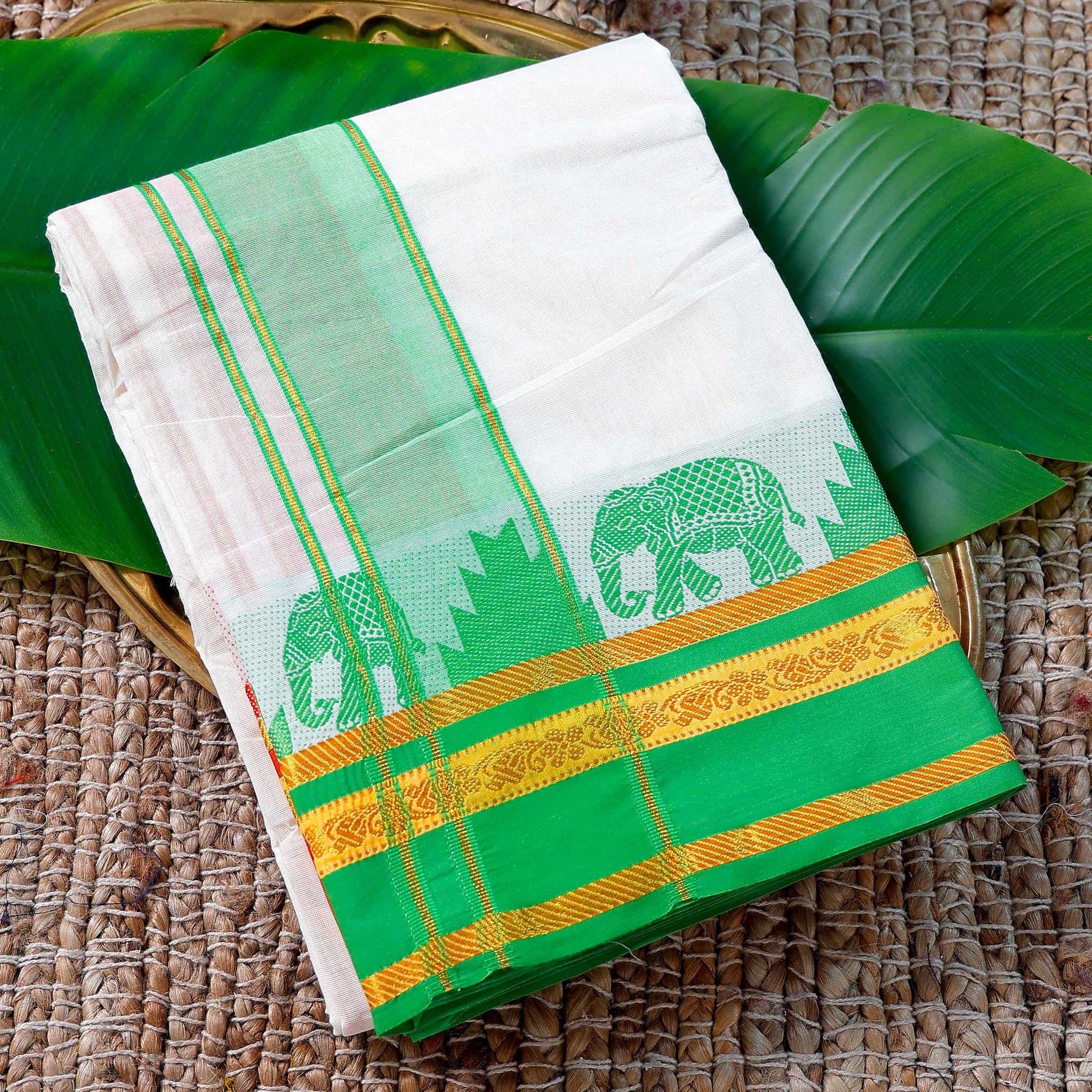 Men’s Cotton Dhoti with Green Colour Border - White