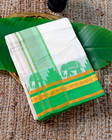 Men’s Cotton Dhoti with Green Colour Border - White