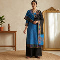 Blue Cotton Salwar Material With Striped Weave Black Dupatta And Striped Border Front View