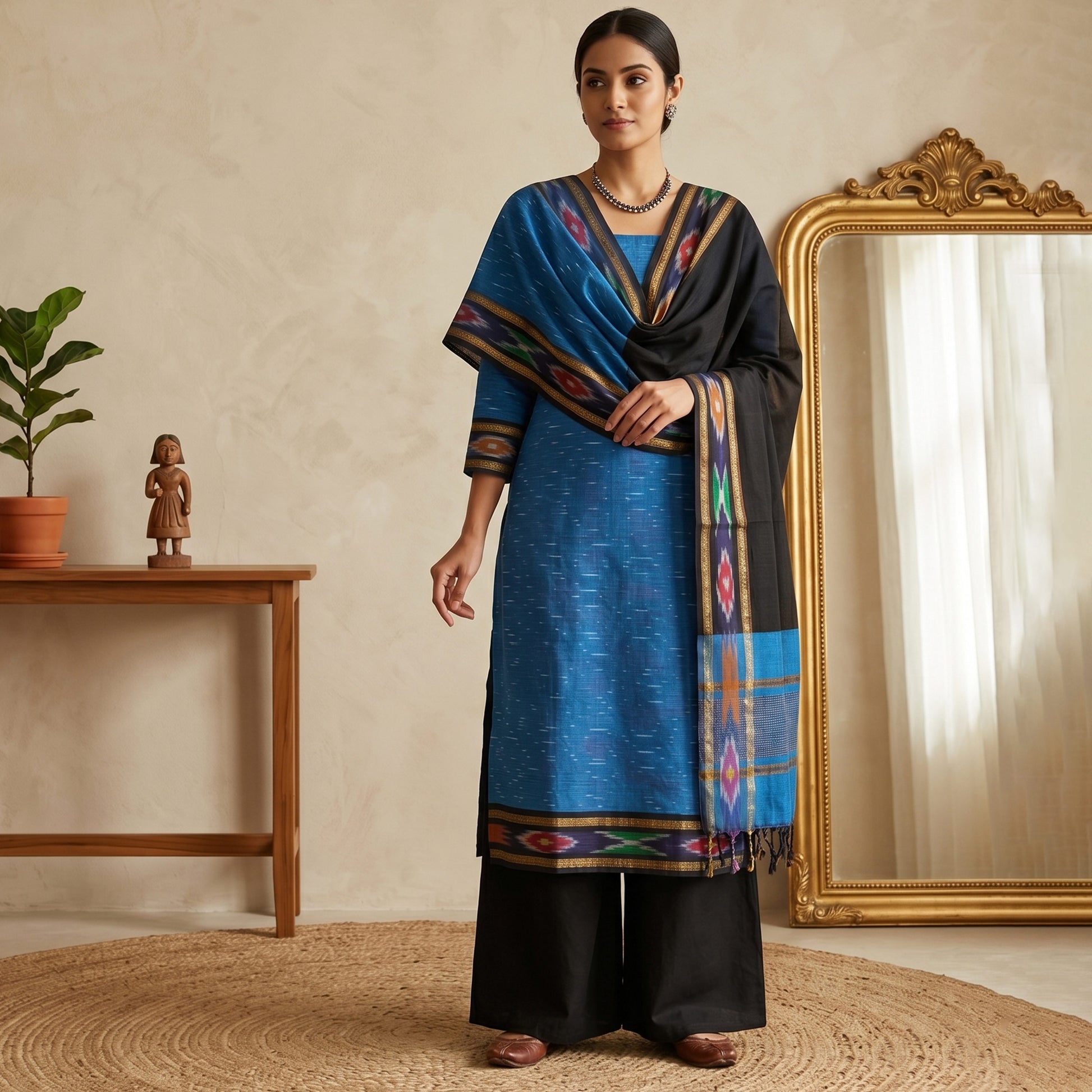 Blue Cotton Salwar Material With Striped Weave Black Dupatta And Striped Border Front View