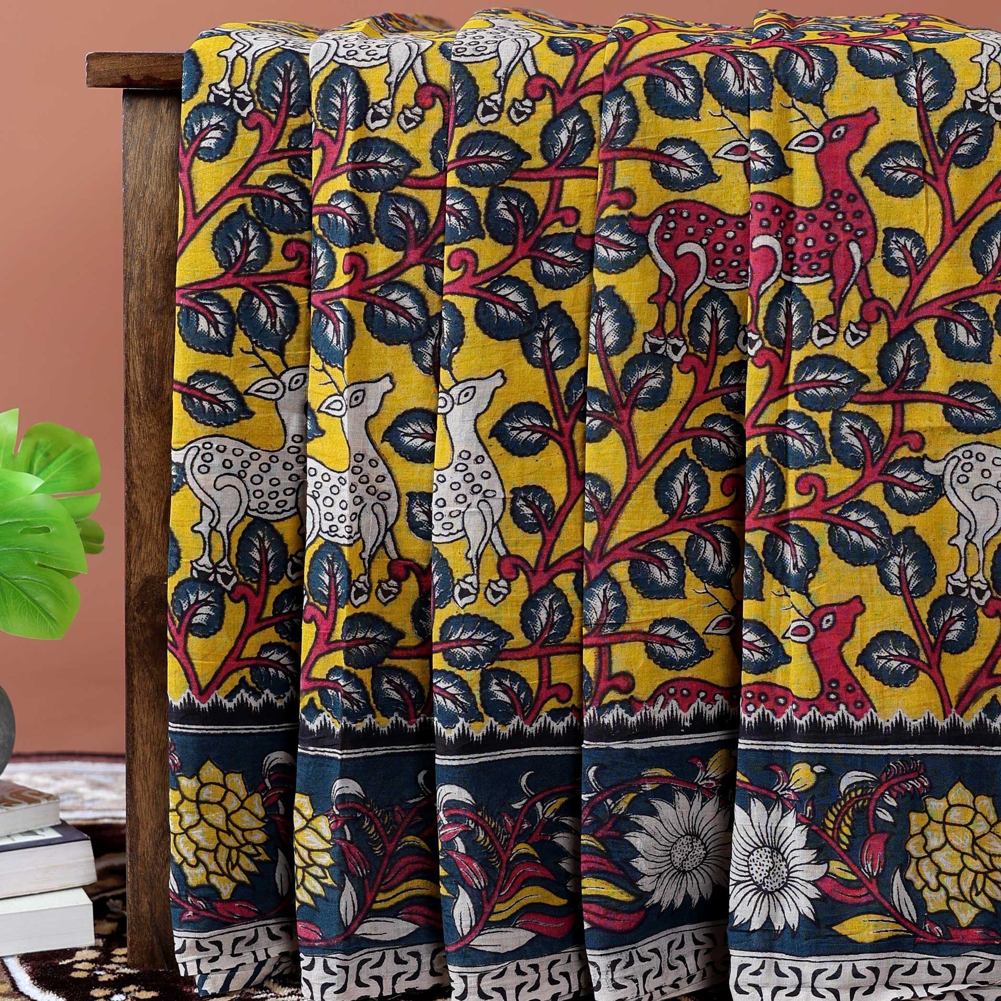 Traditional Kalamkari Cotton Saree with Nature-Inspired Motifs - Yellow