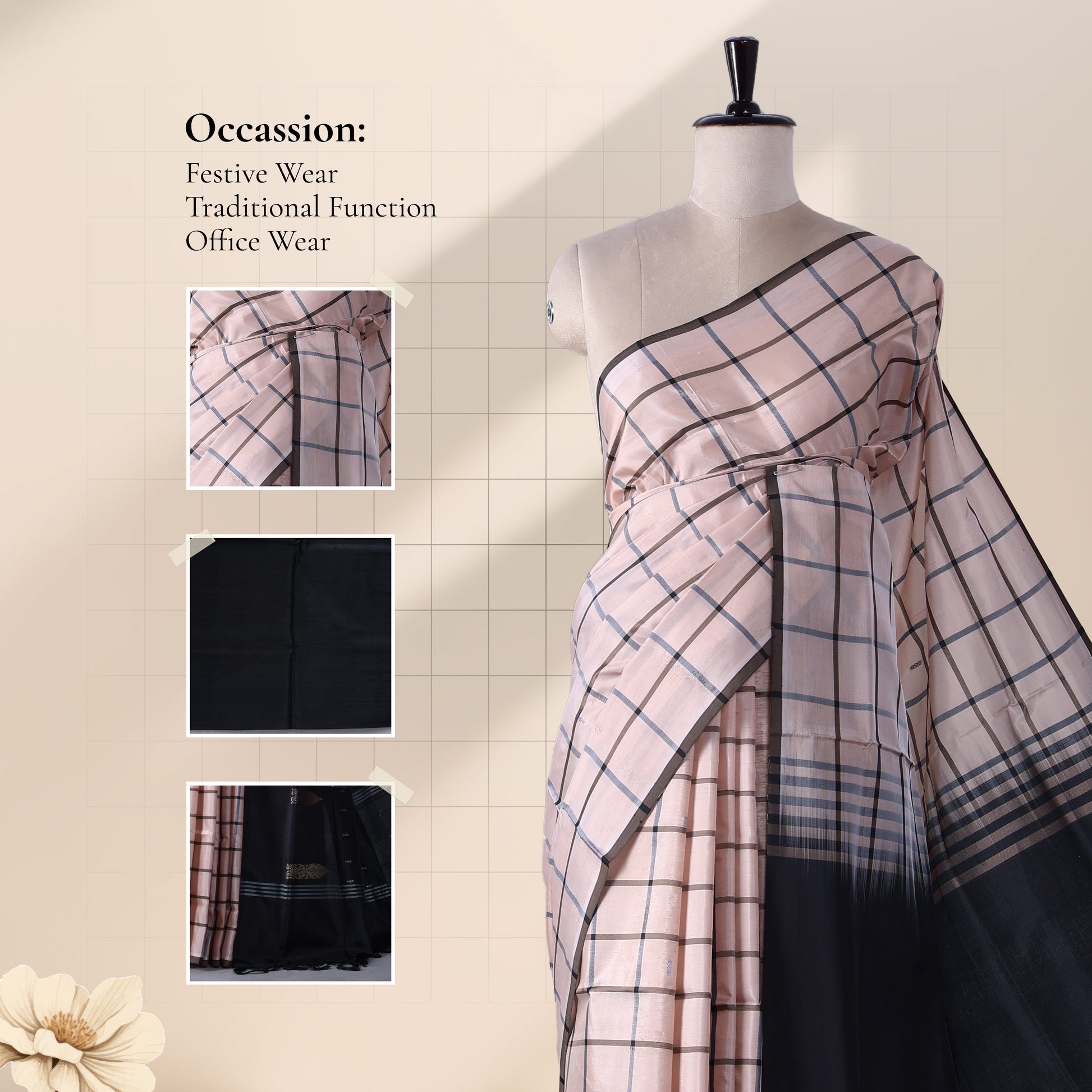 Banana Pith Saree in Beige and Black Checks with Contrast Pallu