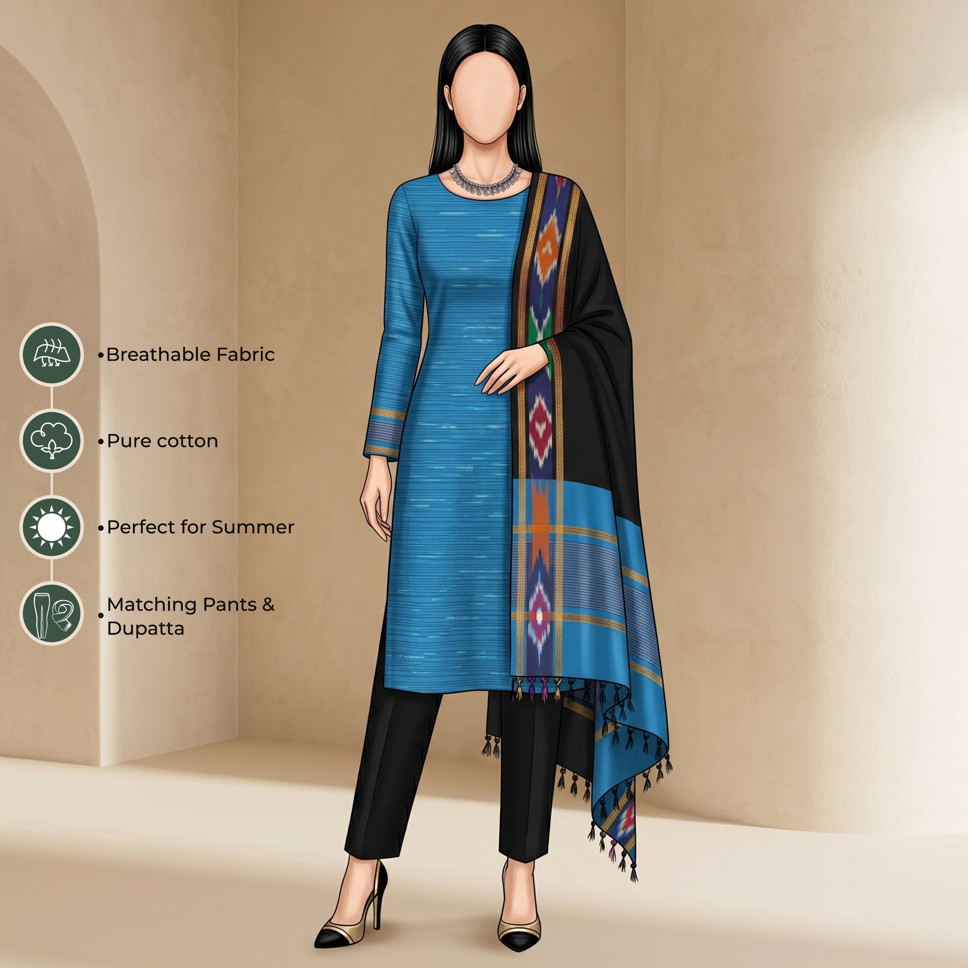 Blue Cotton Salwar Material With Black Contrast Dupatta Striped Border And Tassel Detail Illustrated Front View