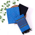 Cotton Salwar Material In Blue With Striped Pattern Black Contrast Dupatta Flat Lay View