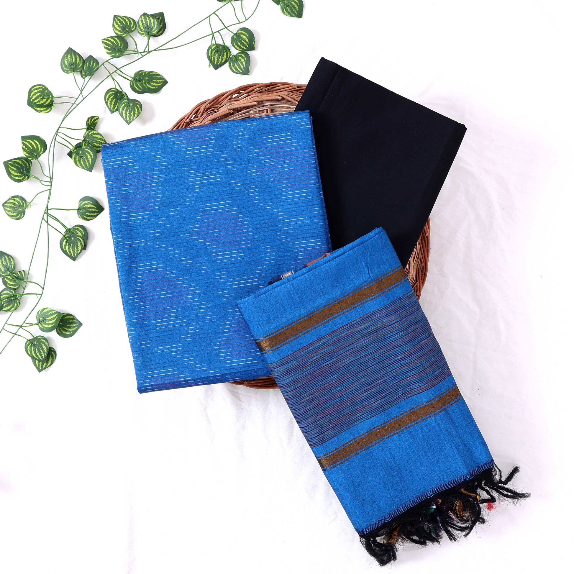Cotton Salwar Material In Blue With Striped Pattern Black Contrast Dupatta Flat Lay View