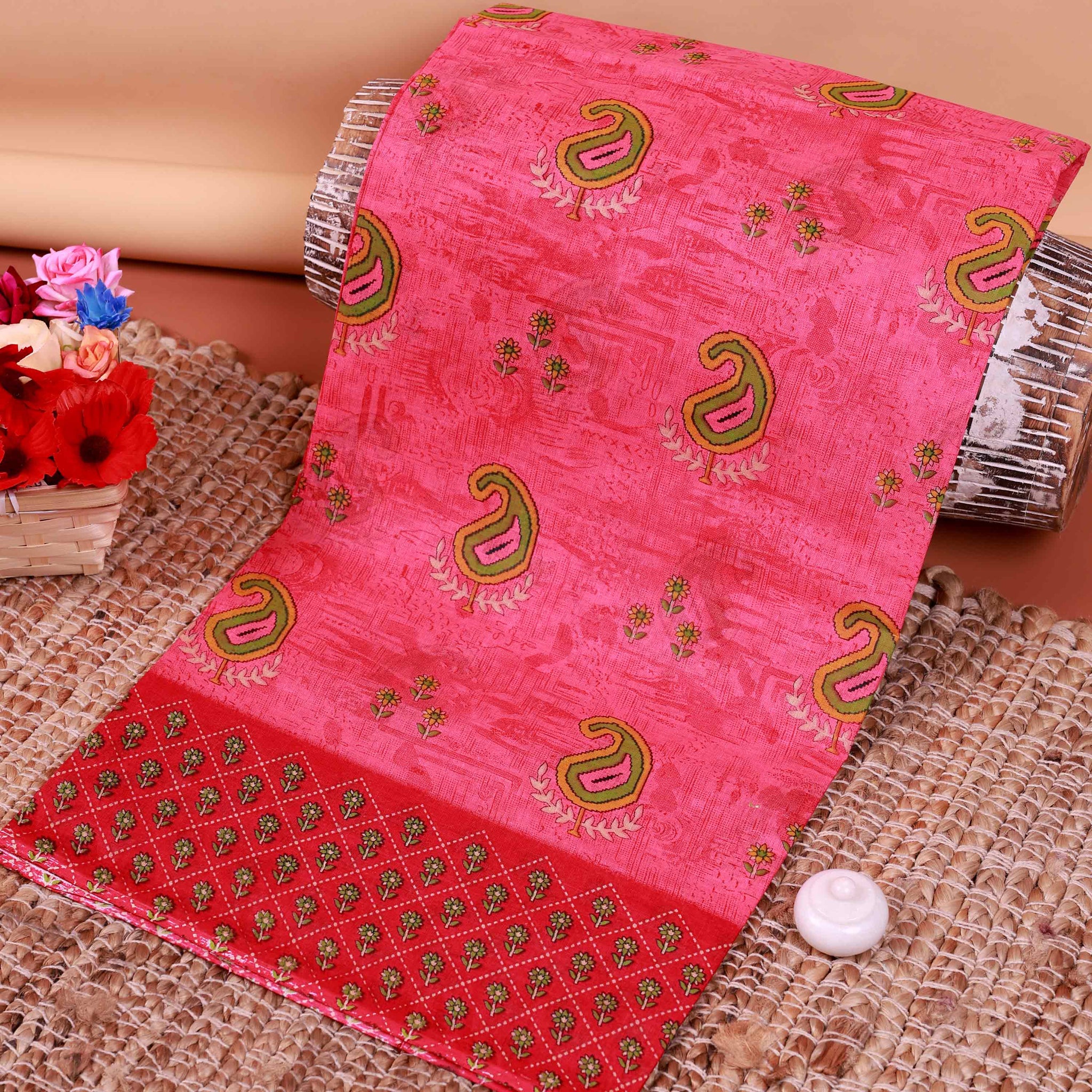 All-Over Floral Printed Voile Saree with Intricate Contrast Border – Pink