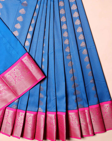 Traditional Kids Pattu Pavadai Material with Zari Butta Design and Jacquard Border - Blue