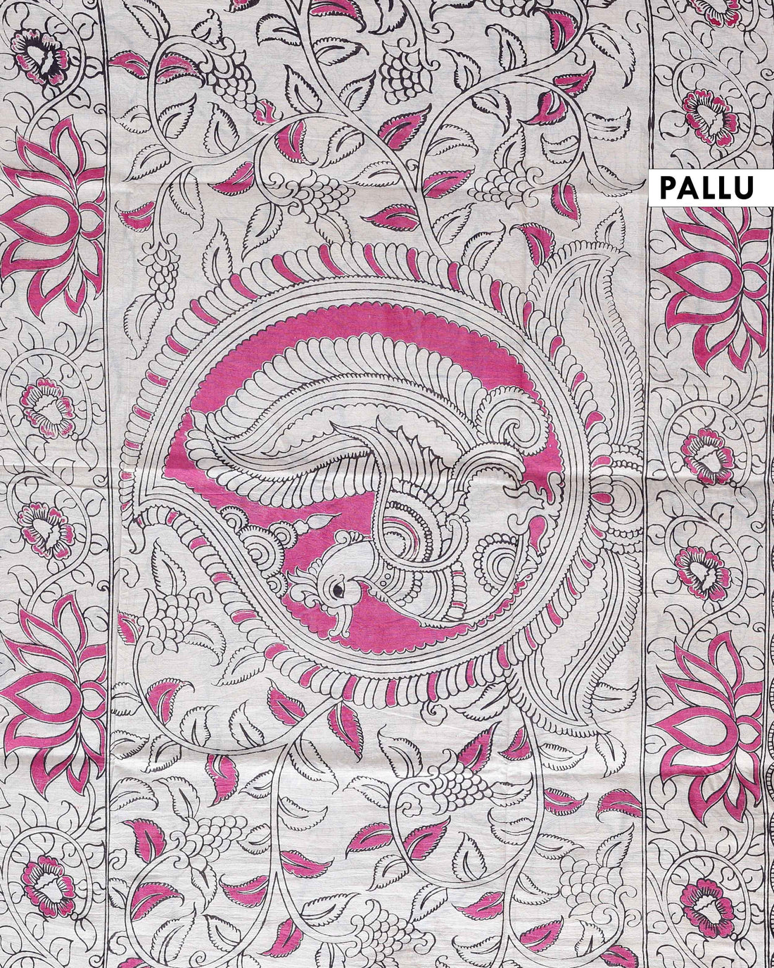 Hand-Painted Kalamkari Cotton Saree with Traditional Peacock & Floral Motifs - Pink