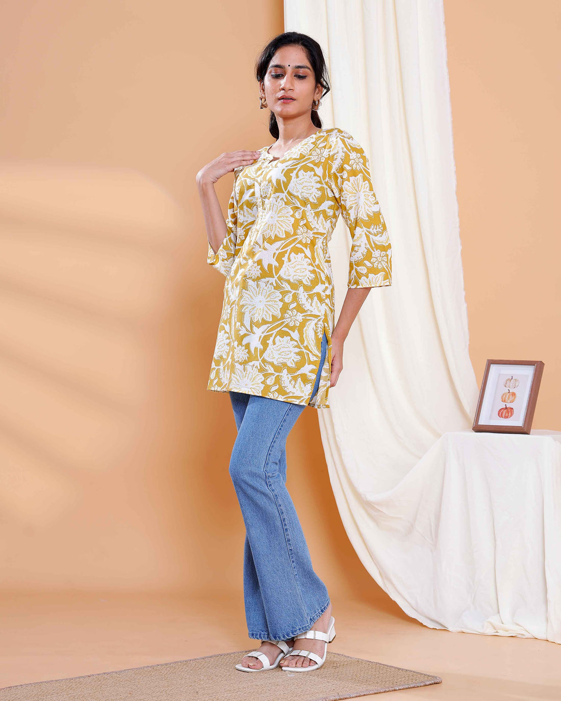 Mustard Yellow Floral Digital Print Kurti