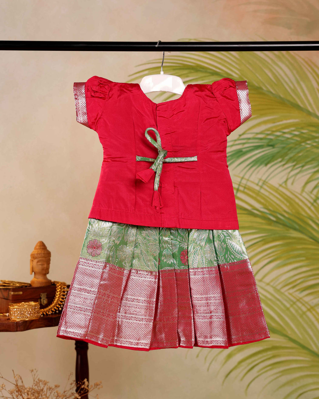 Classic Kids Pattu Pavadai Readymade a Traditional Ethnic Gown with Zari Border & Puff Sleeves  - Dark Pink