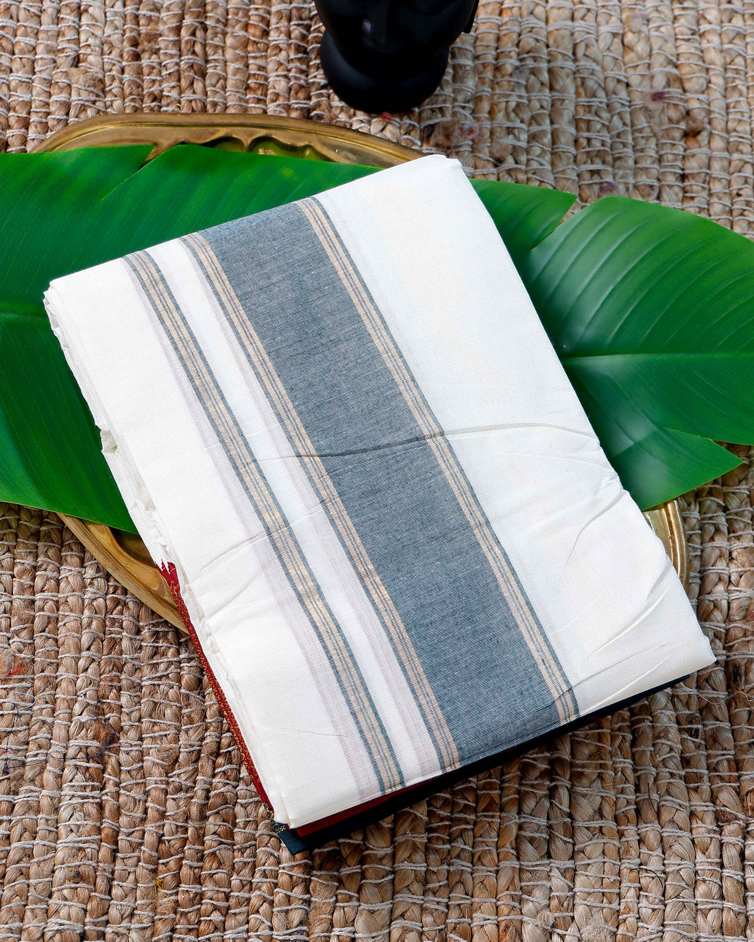 Men’s Cotton Dhoti with Green Colour Border - White
