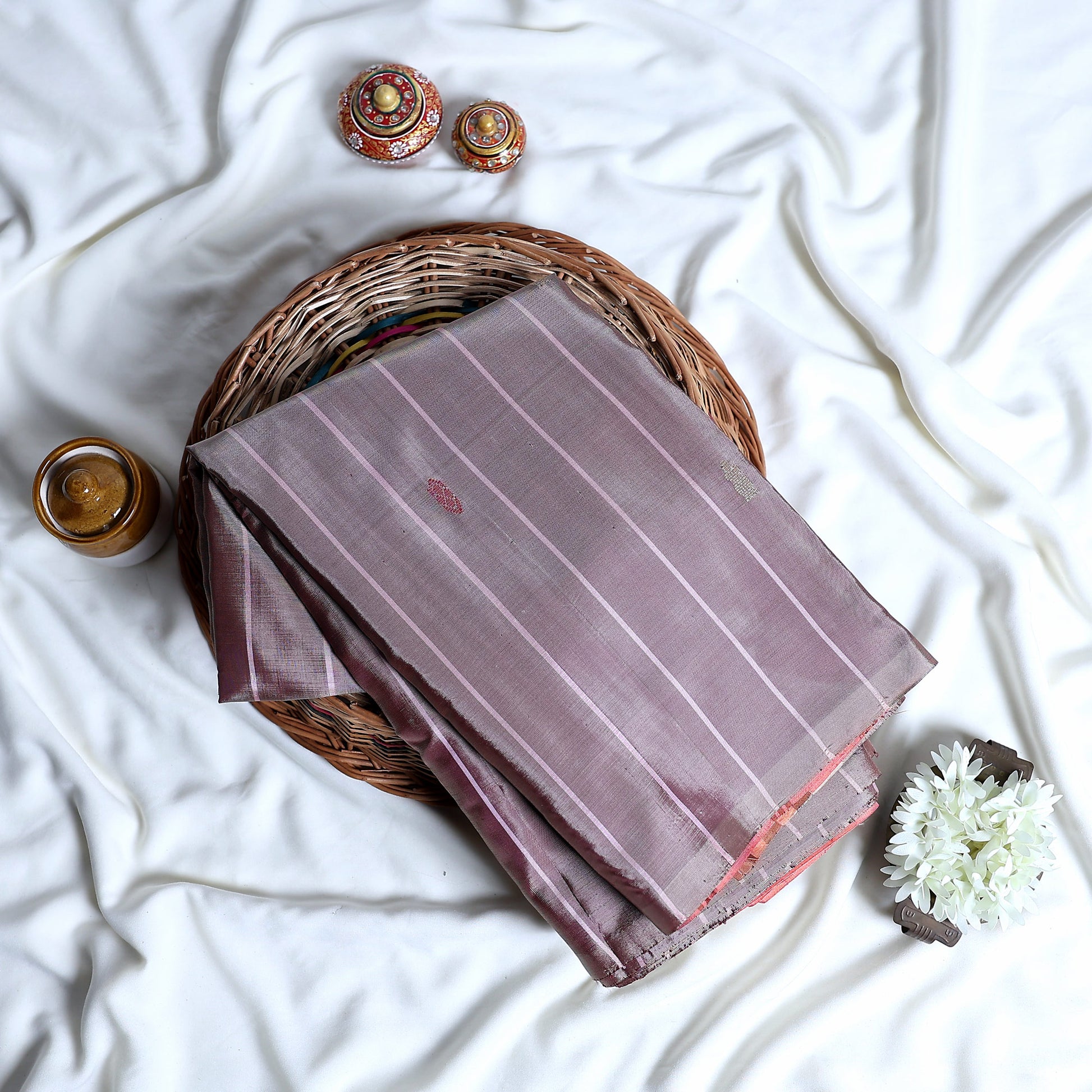 Banana Pith Saree in Purple with Subtle Stripes and Elegant Woven Details