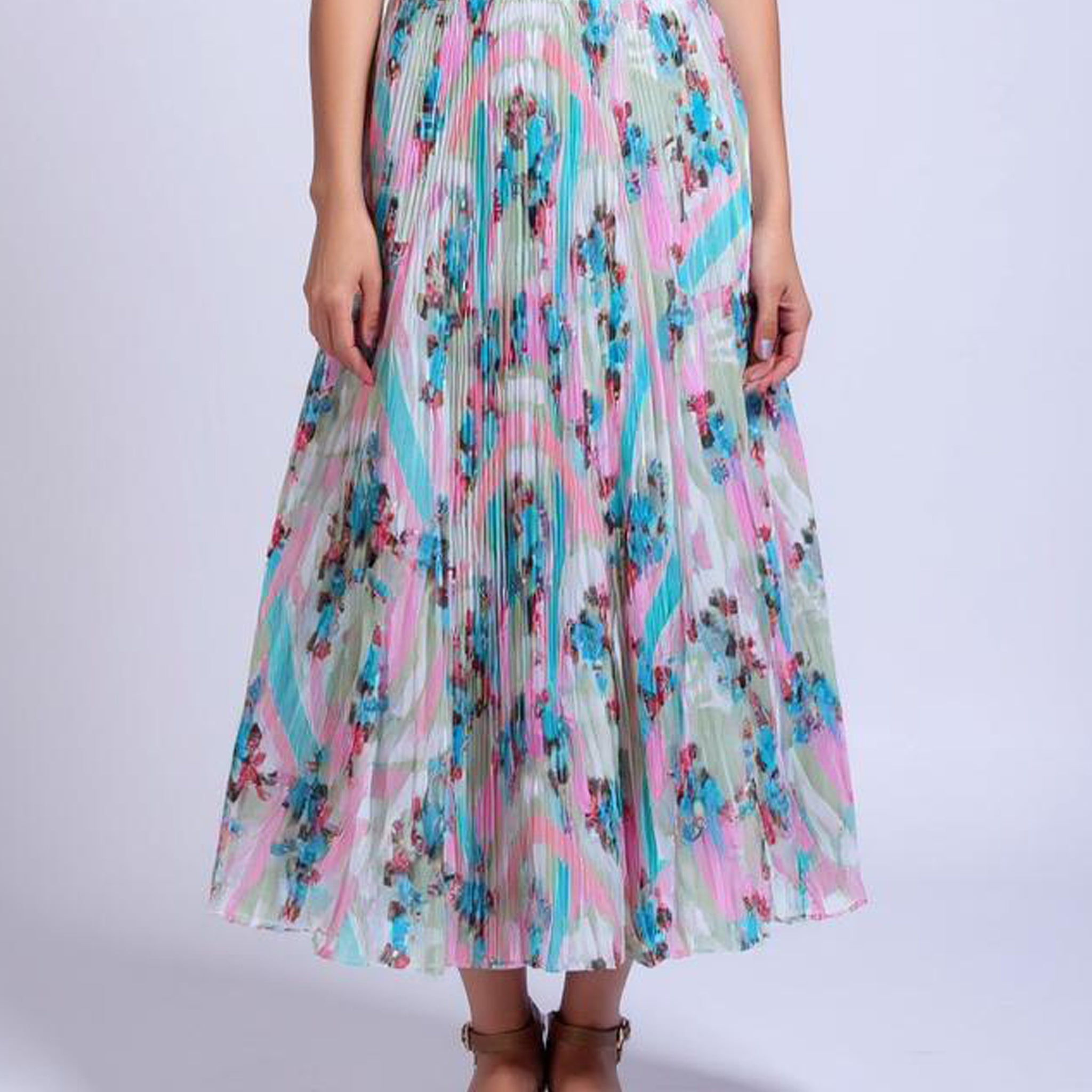 Floral Pleated A-Line Midi Skirt - Multi