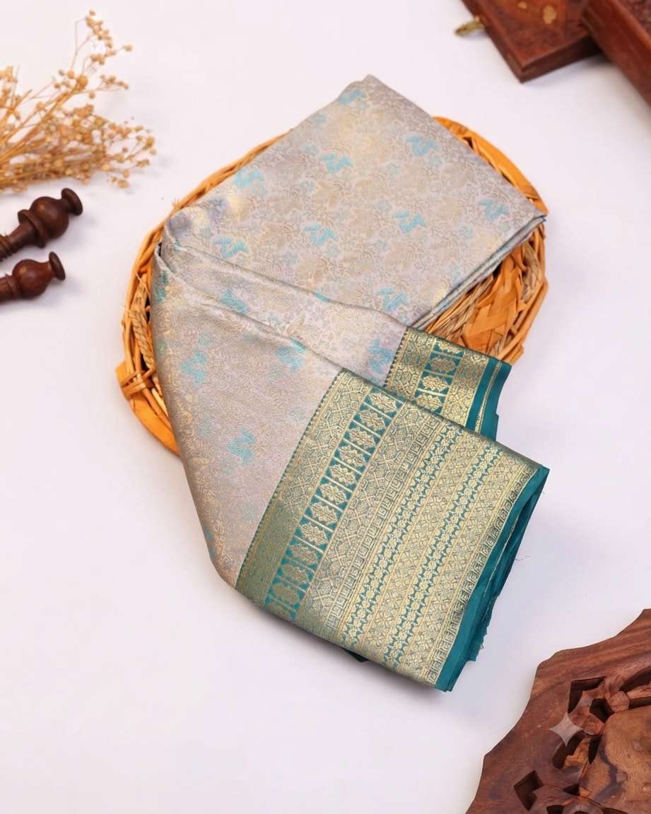 Exquisite Handwoven Niranjana Silk Saree with Intricate Zari Work - Light Beige