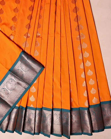 Traditional Kids Pattu Pavadai Material with Zari Floral Buttas and Rich Contrast Jacquard Border - Yellow