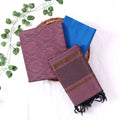 Cotton Salwar Material In Onion Pink With Striped Pattern Blue Contrast Dupatta Flat Lay View