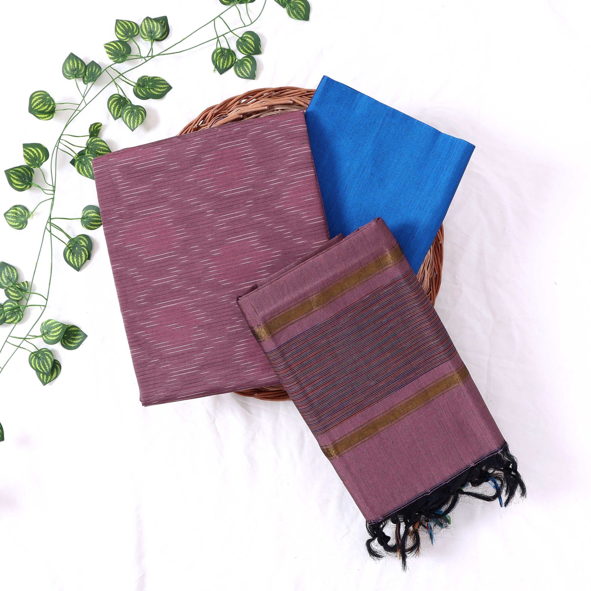 Cotton Salwar Material In Onion Pink With Striped Pattern Blue Contrast Dupatta Flat Lay View