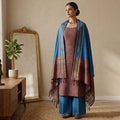 Onion Pink Cotton Salwar Material With Striped Weave Blue Dupatta And Striped Border Front View