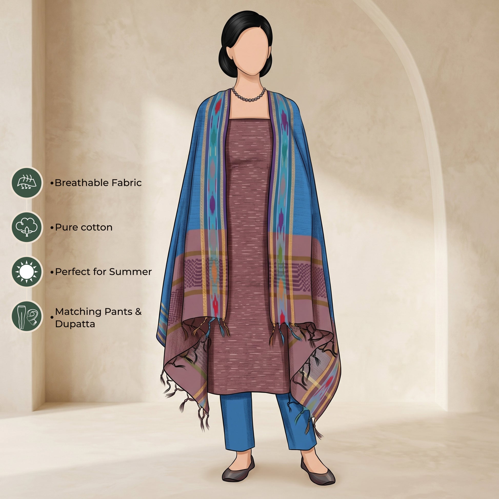 Onion Pink Cotton Salwar Material With Blue Contrast Dupatta Striped Border And Tassel Detail Illustrated Front View

