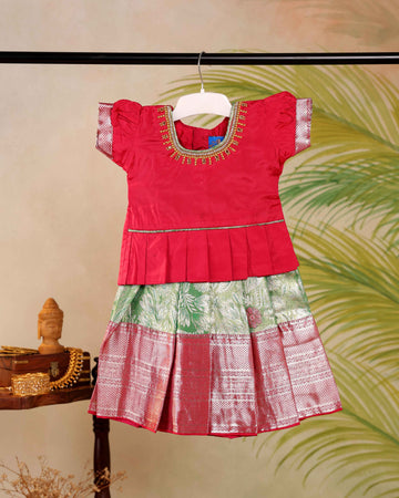Classic Kids Pattu Pavadai Readymade a Traditional Ethnic Gown with Zari Border & Puff Sleeves  - Dark Pink