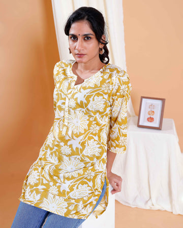 Mustard Yellow Floral Digital Print Kurti