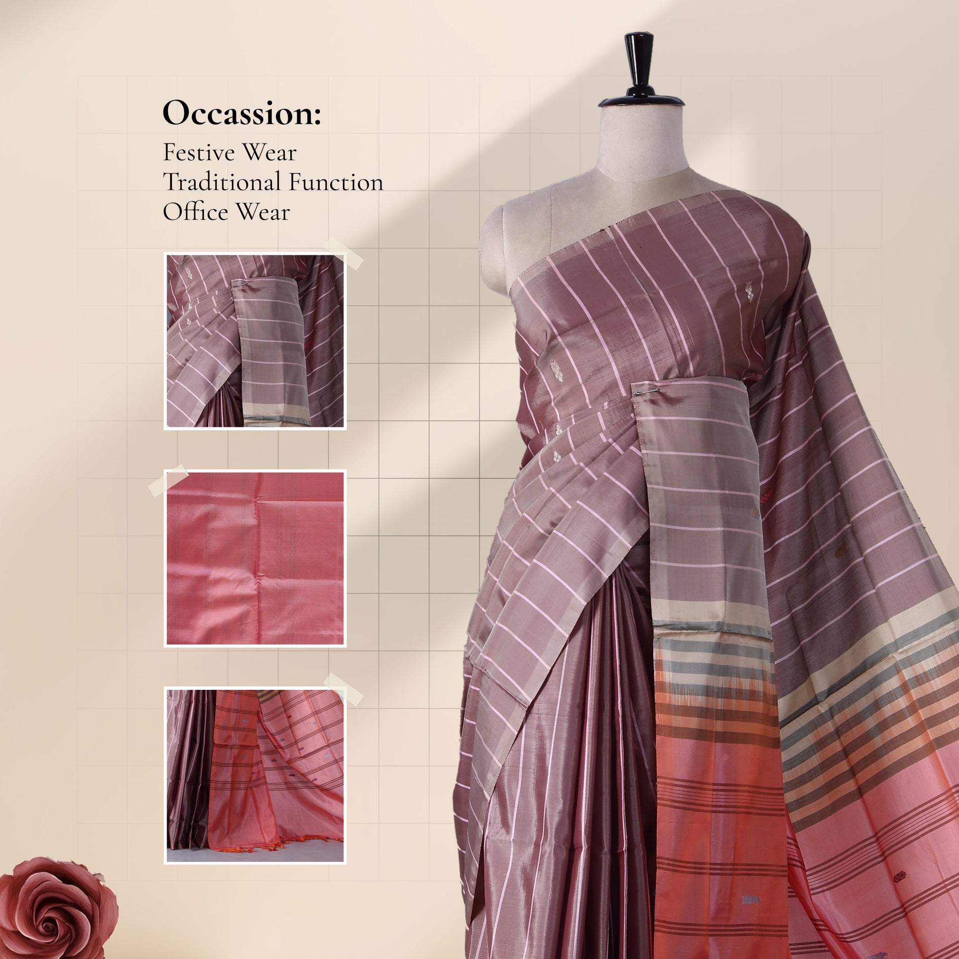 Banana Pith Saree in Deep Purple with Silver Stripes and Peach Contrast pallu