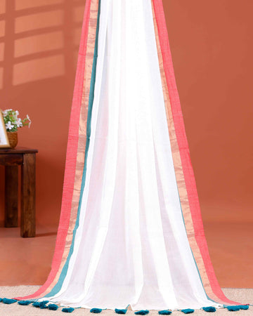 Handwoven Mul Mul Cotton Saree with Tassel Detailing and Contrasting Border - White