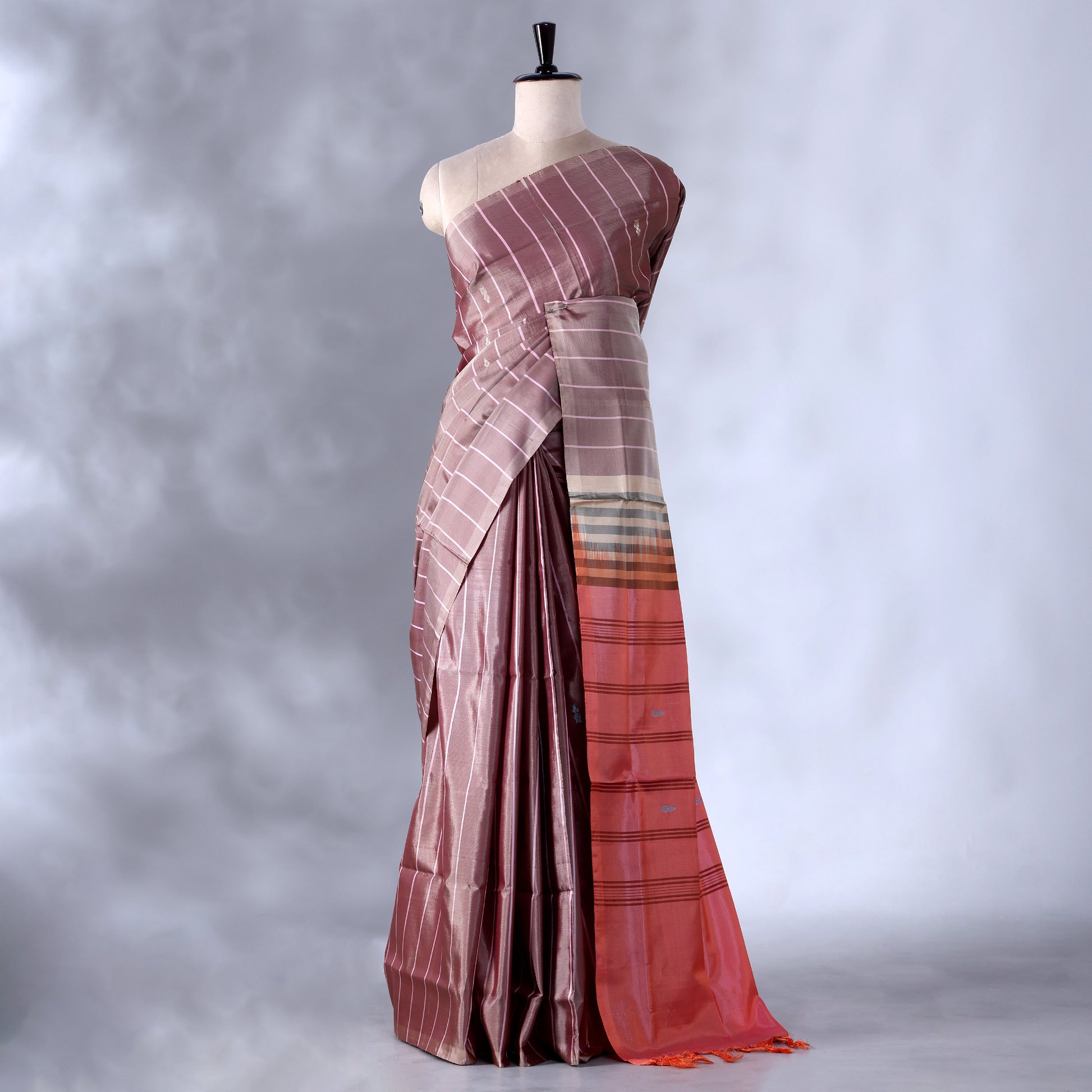 Purple Banana Pith Saree with Striped Pattern and Woven Border - Full View
