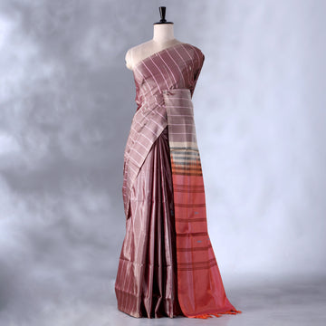 Purple Banana Pith Saree with Striped Pattern and Woven Border - Full View