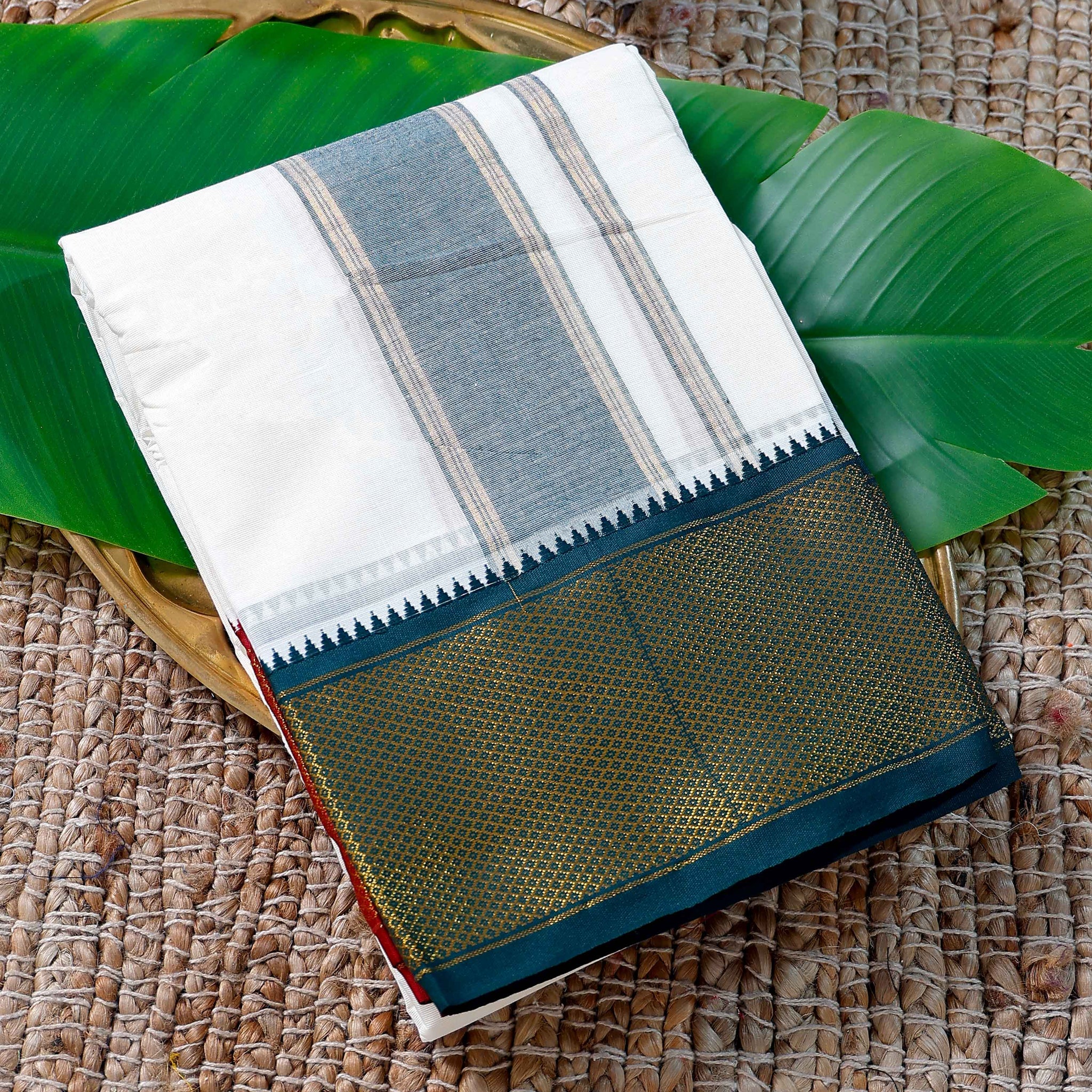 Men’s Cotton Dhoti with Green Colour Border - White