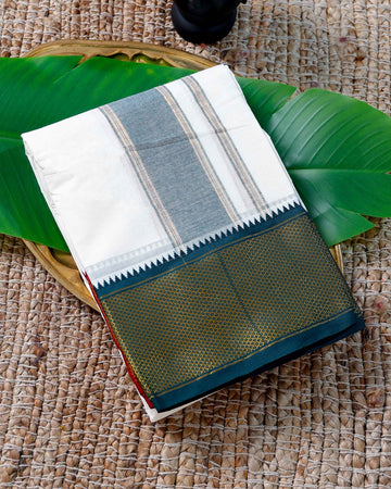 Men’s Cotton Dhoti with Green Colour Border - White