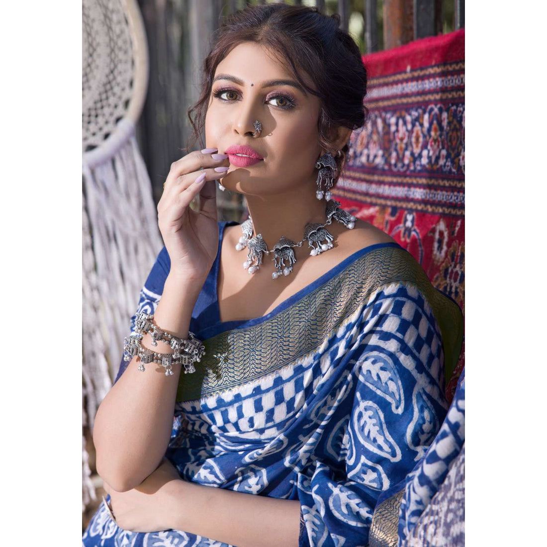 Indigo Blue Colour Printed Chanderi Cotton Saree 2