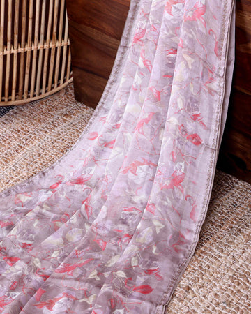 Elegant Georgette Saree with Abstract Floral Print and Delicate Embellished Border - Light Purple