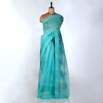 Aqua Blue Bengal Cotton Saree For Women | Daily Office Wear Summer Collection | Jeyachandran - Full View