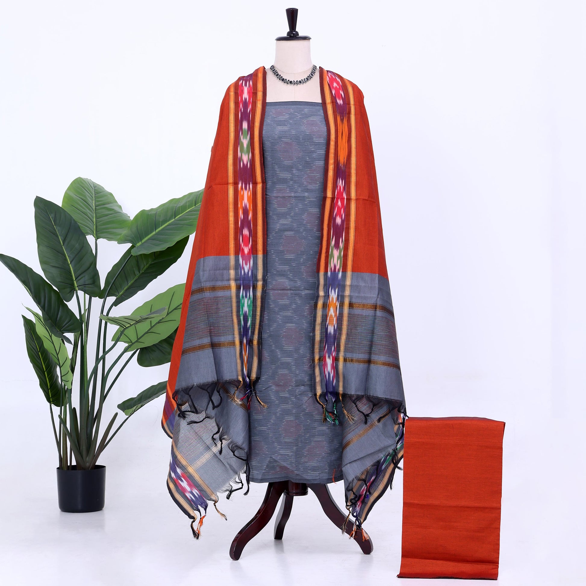 Grey Cotton Unstitched Salwar Material for Women | Ethnic Summer Collection | Jeyachandran - Full View