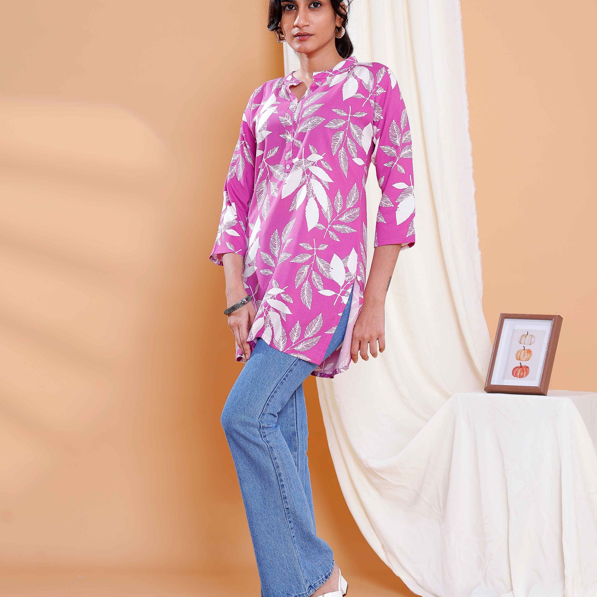 Magenta Leaf Print Ethnic Kurti