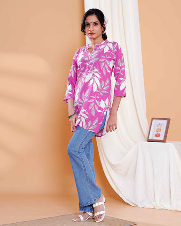 Magenta Leaf Print Ethnic Kurti